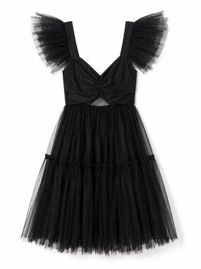 Impressions Black Layered Tulle Dress with Ruffle Straps & Bow Tie Back | Large